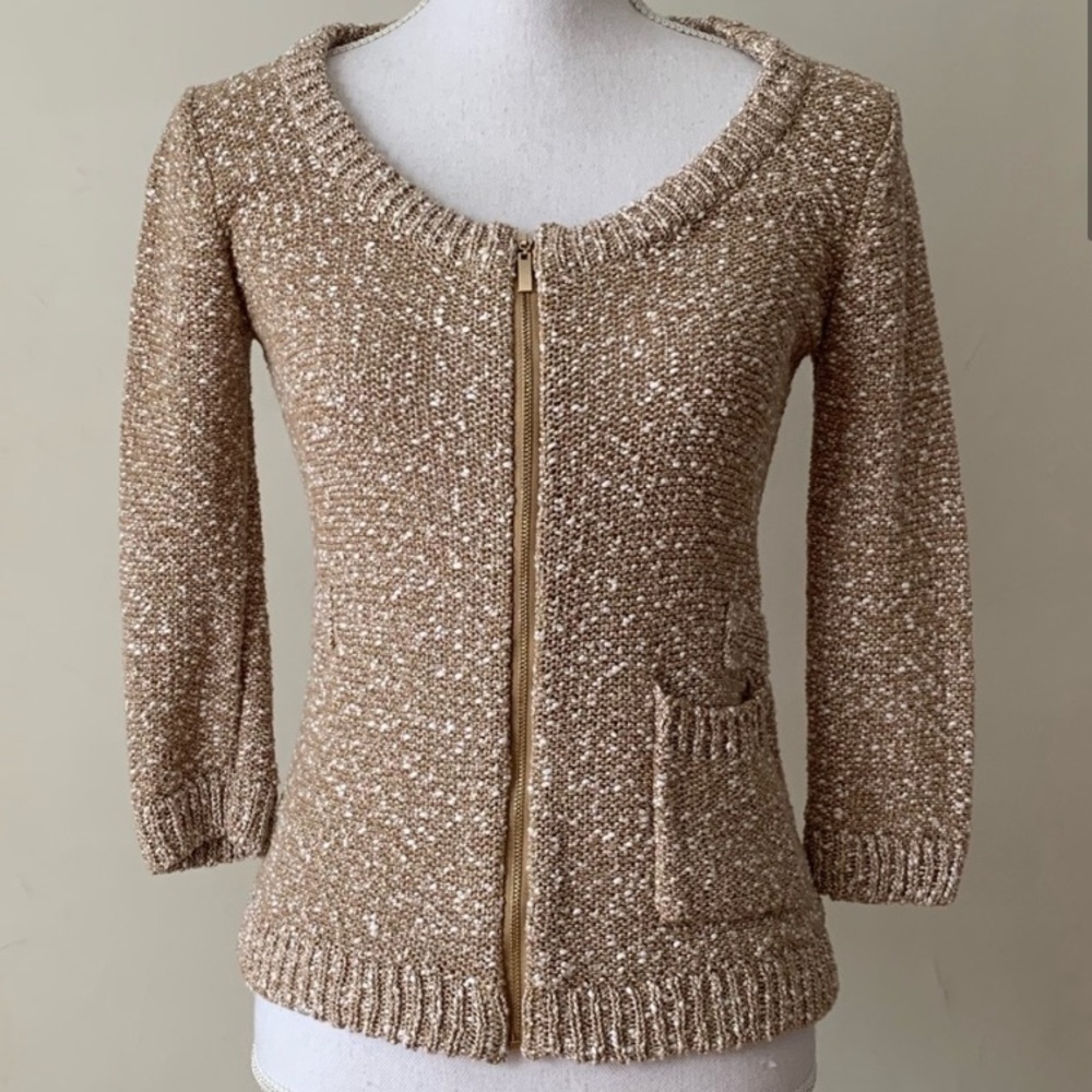 Grace Elements Tan and White Zip Up Sweater